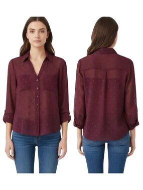 Express Women's Wine Red Slim Dotted Sheer Roll Tab Sleeve Portofino Shirt S/P